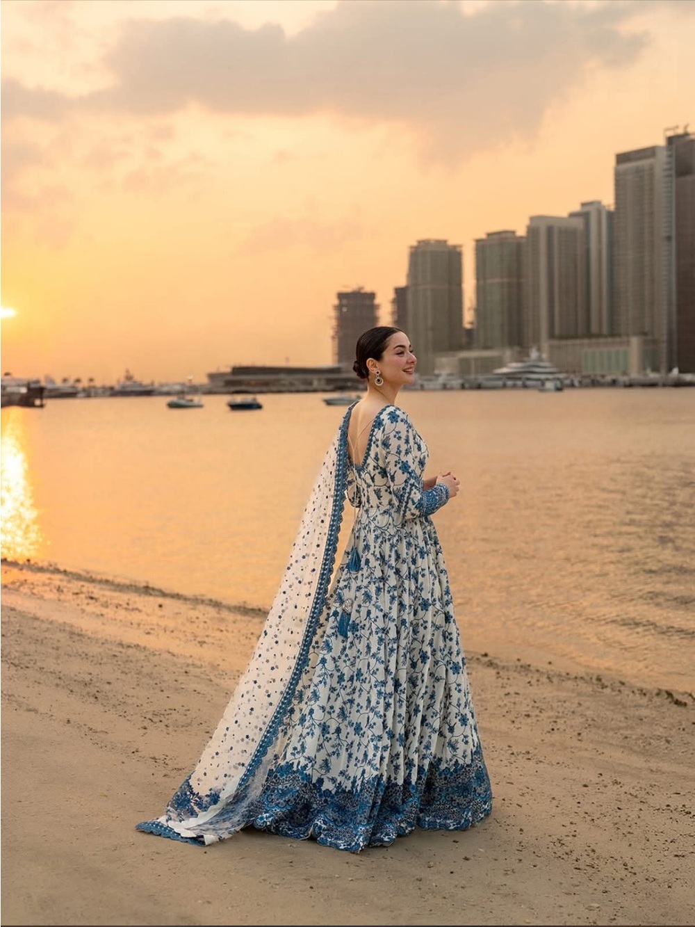 Elegant Blue & White Floral Maxi Dress with Sheer Dupatta brand Faiza saqlain - Picture 3 of 17